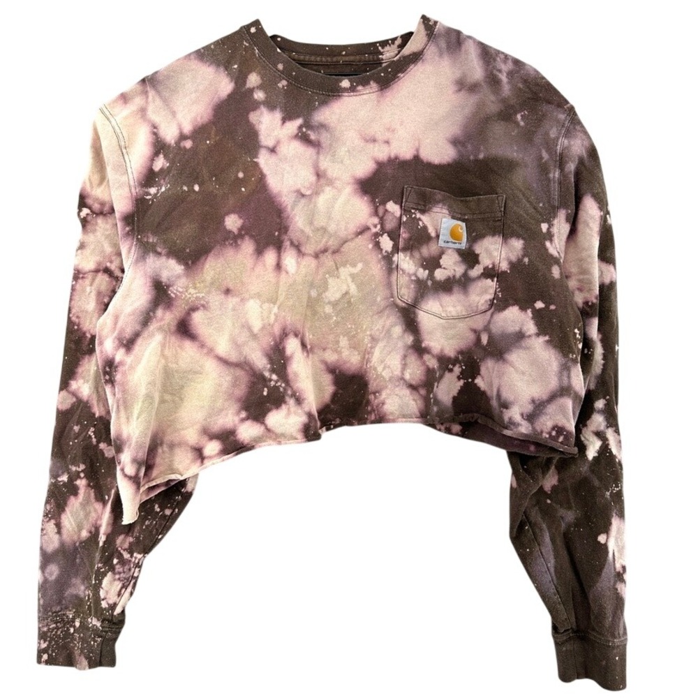 Carhartt Bleach Dye Cropped Long Sleeve Pocket T-Shirt Brown XL Custom Tie Dye